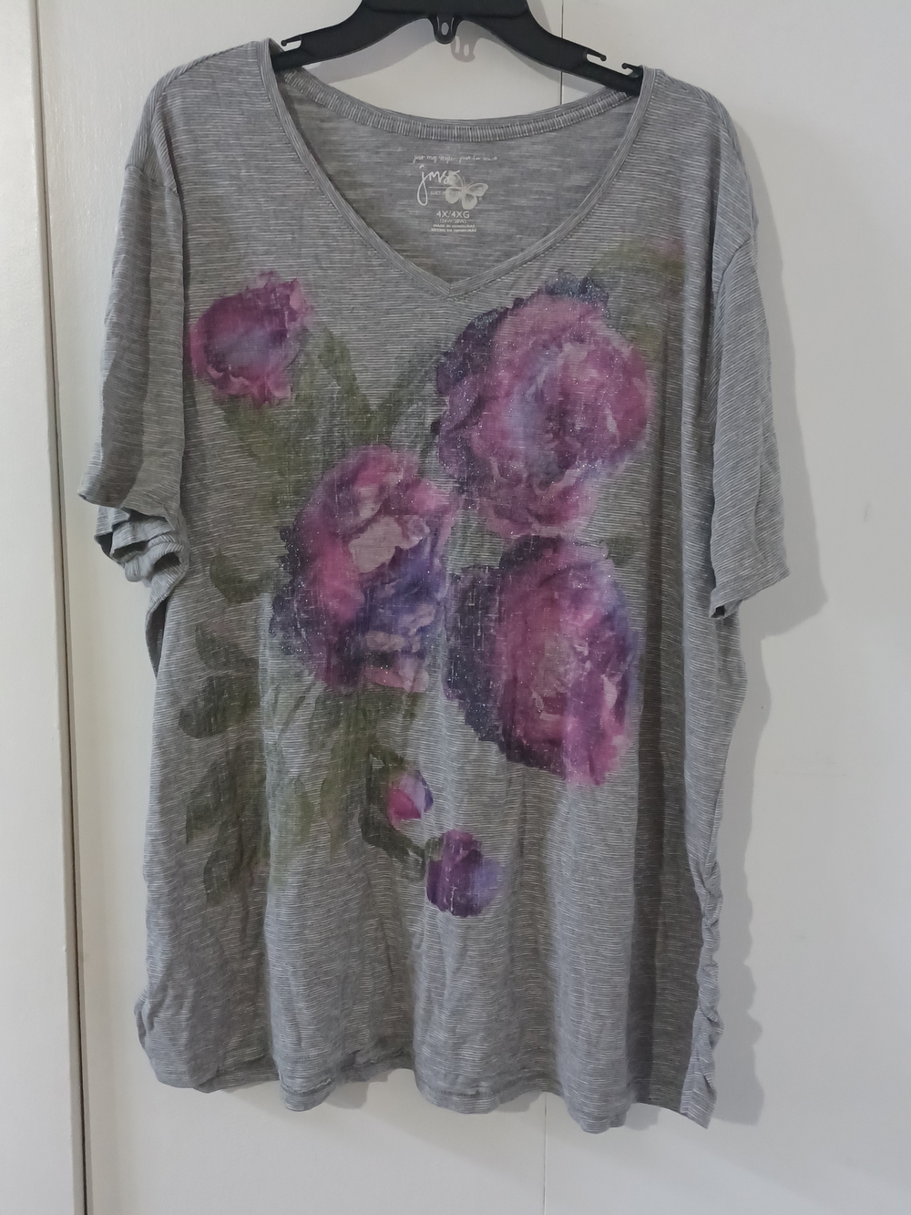 Just My Size Grey V-Neck Tee with Purple Floral Print